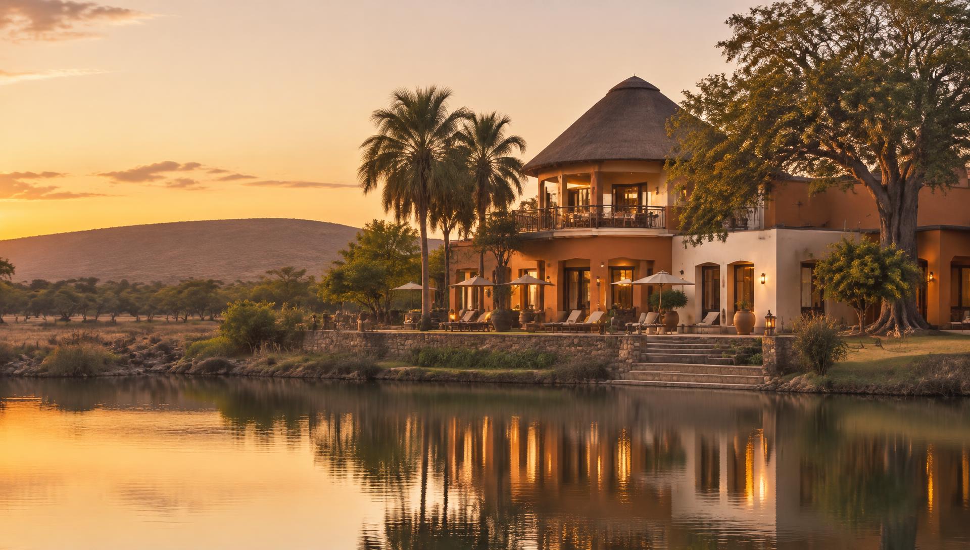 Kamara Lakeview Hotel at sunset beside the lake